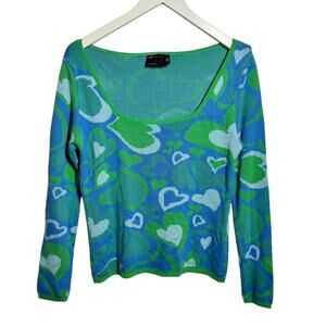 ASOS Design Top Women 4 Blue Green Wavy Heart Square Neck Lightweight 3/4 Sleeve